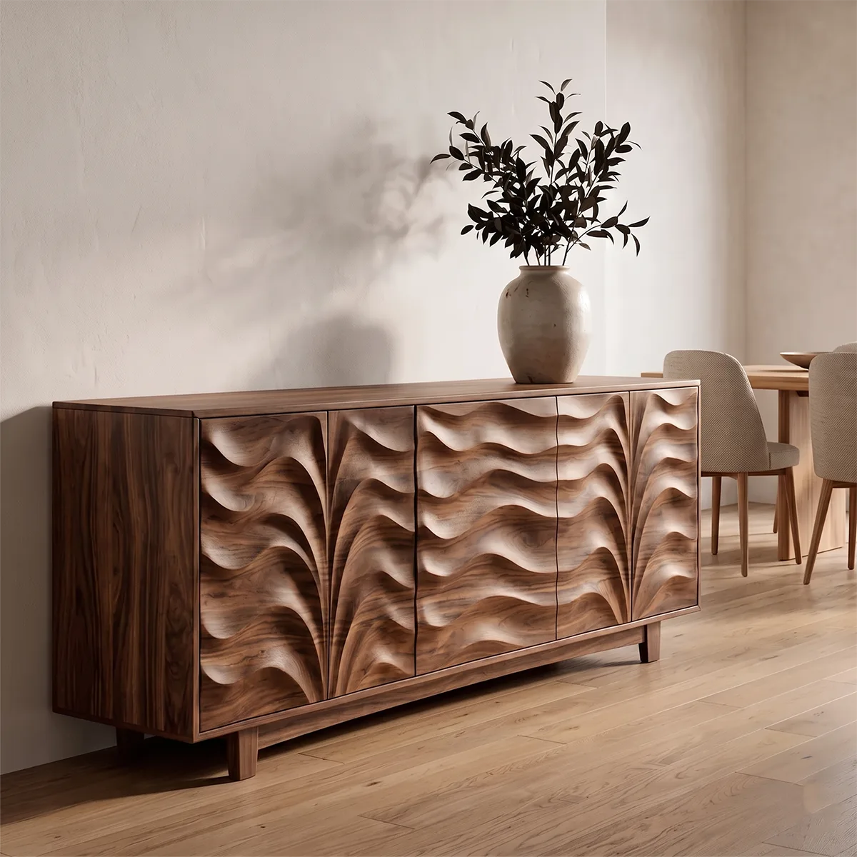 Carved Solid Wood Sideboard | Sculptural Hardwood Buffet Cabinet for Modern Dining Room TH003-5486