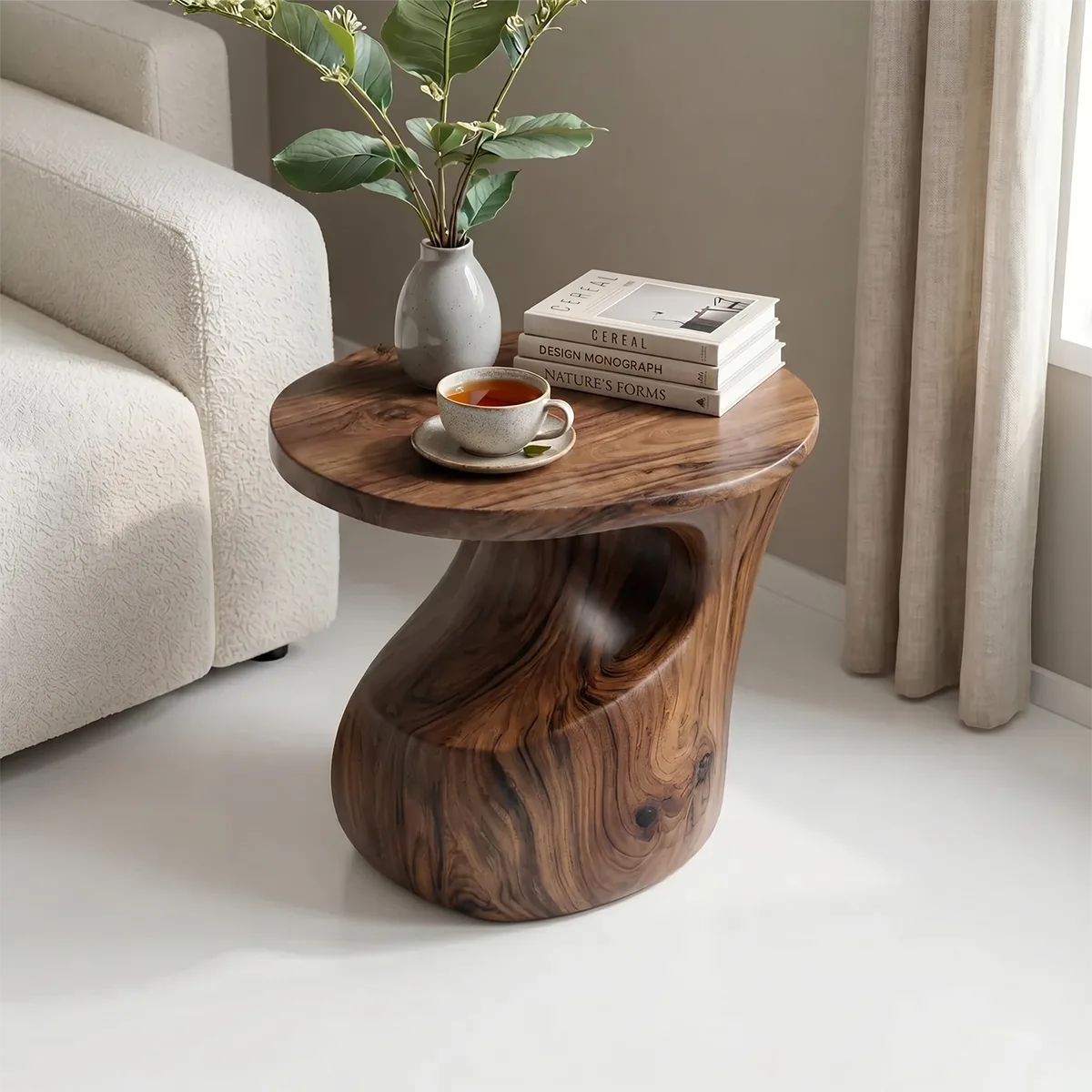 Sculptural Solid Wood Side Table, Round End Table with Curved Pedestal Base TH003-3965