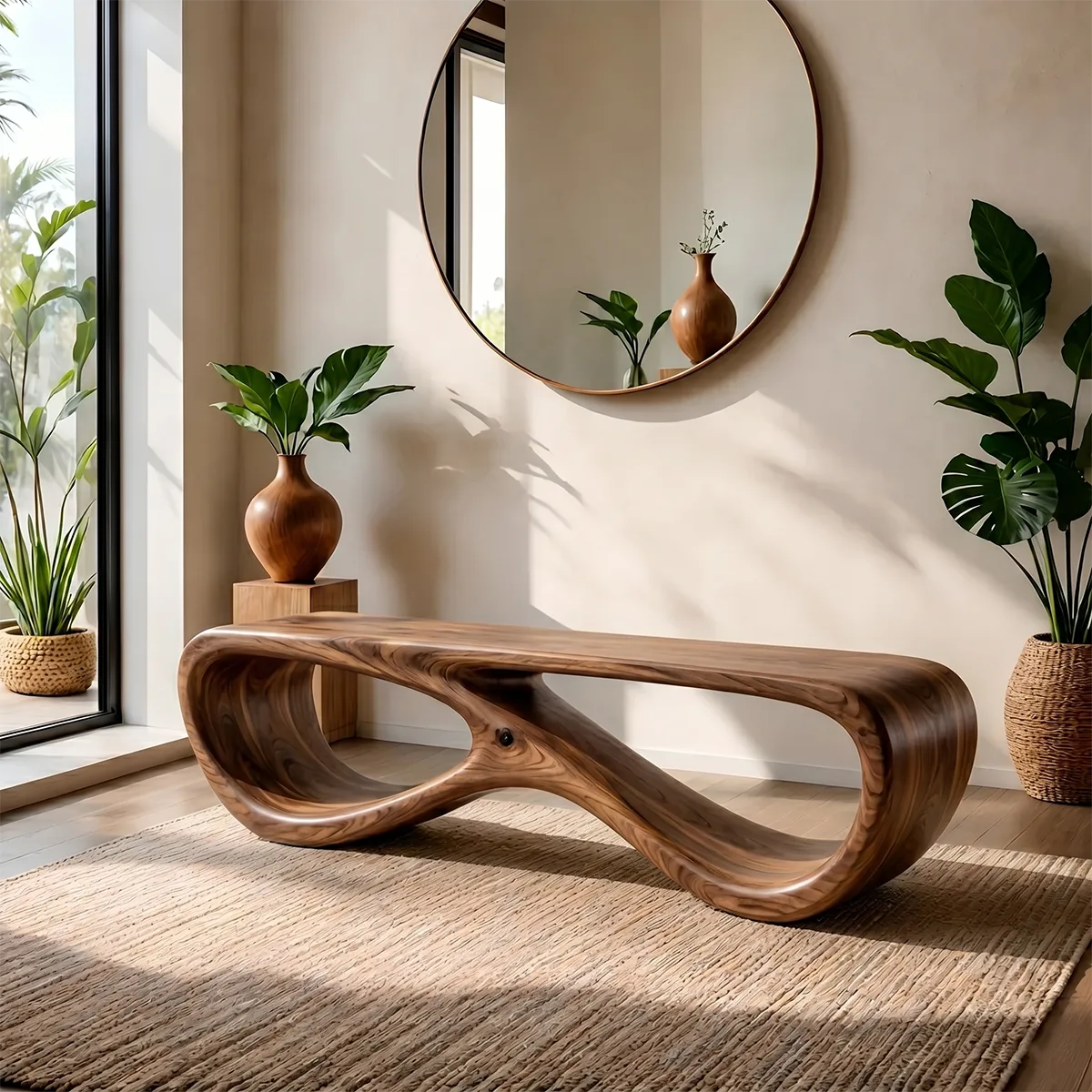 Organic Sculptural Solid Wood Bench for Modern Living Room and Entryway