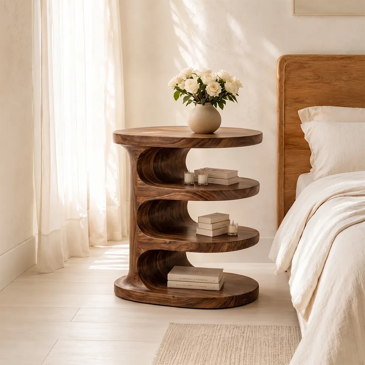 Handcrafted Solid Wood Round Nightstand Organic Open Shelf Bedside Table