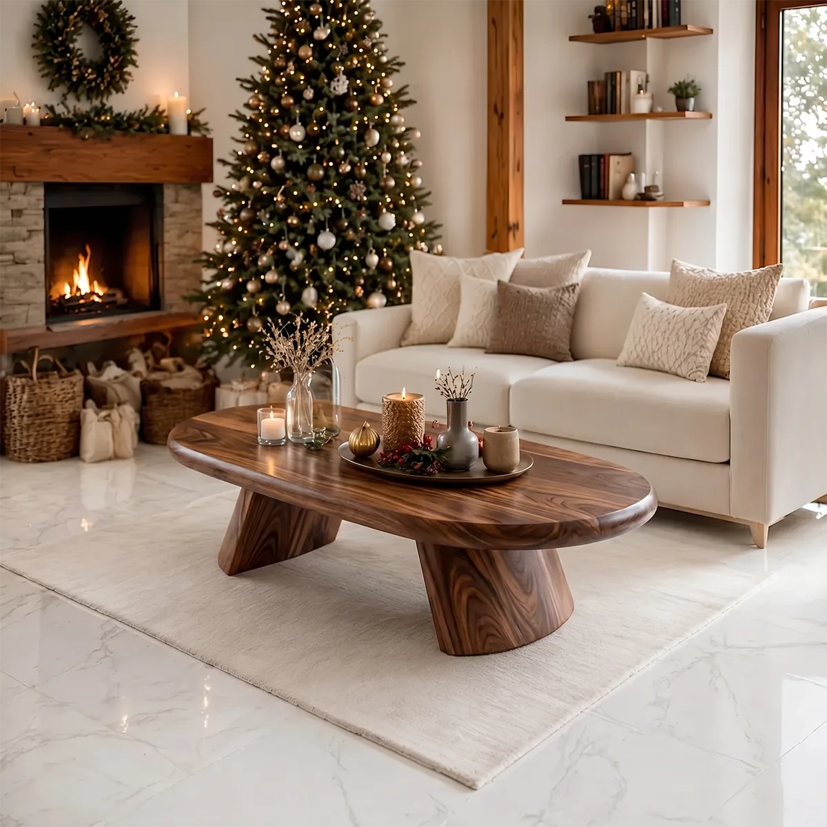 Modern Solid Wood Oval Coffee Table with Sculptural Pedestal Legs