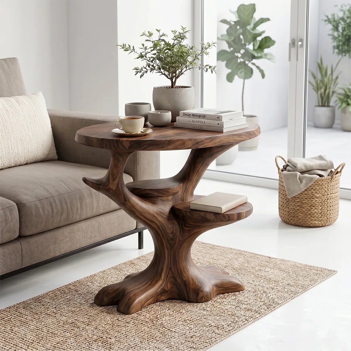 Sculptural Solid Wood Side Table with Shelves, Tree-Inspired End Table, Handcrafted Organic Wood Accent Table TH003-1094