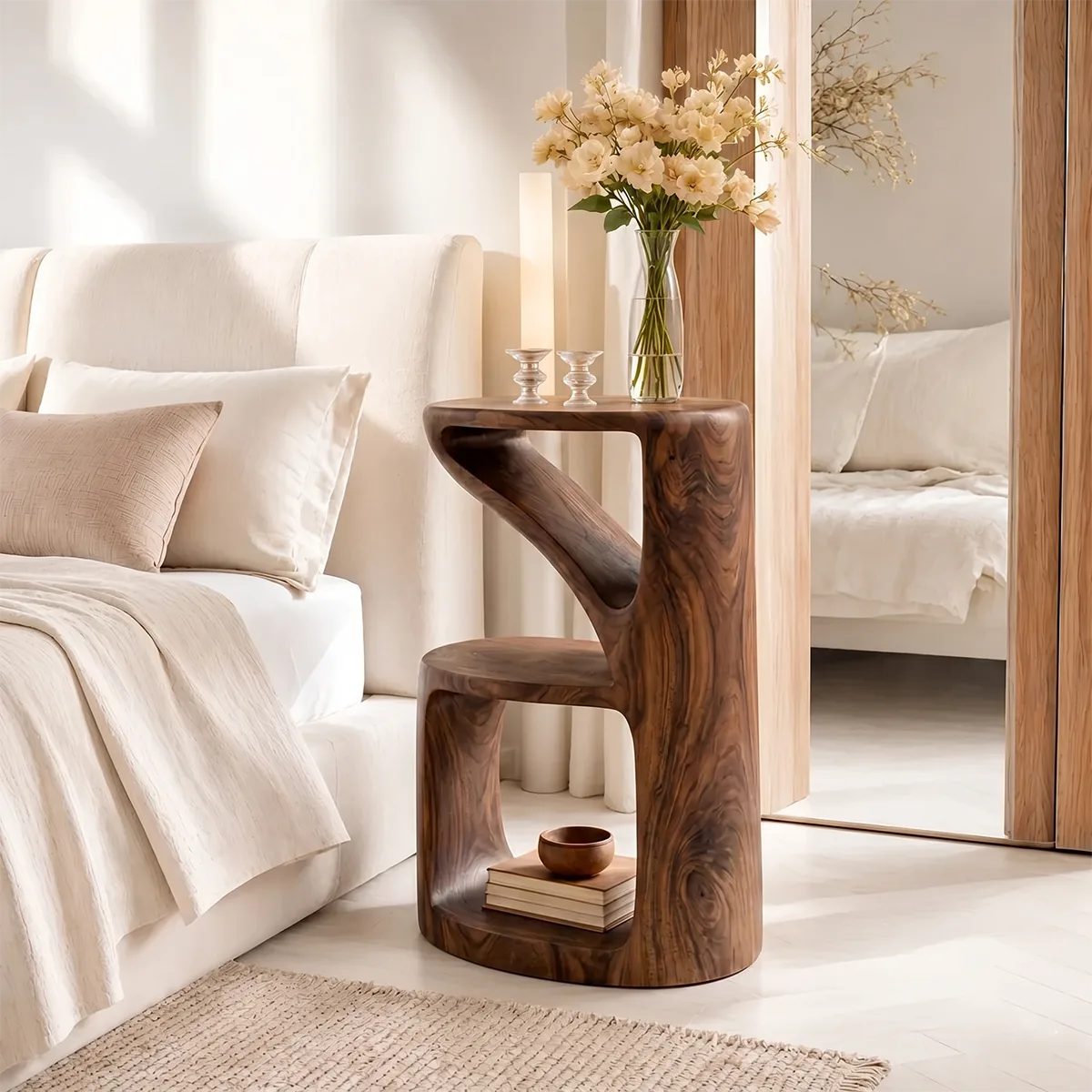 Handcrafted Solid Wood Side Table Sculptural Open Shelf Accent Table