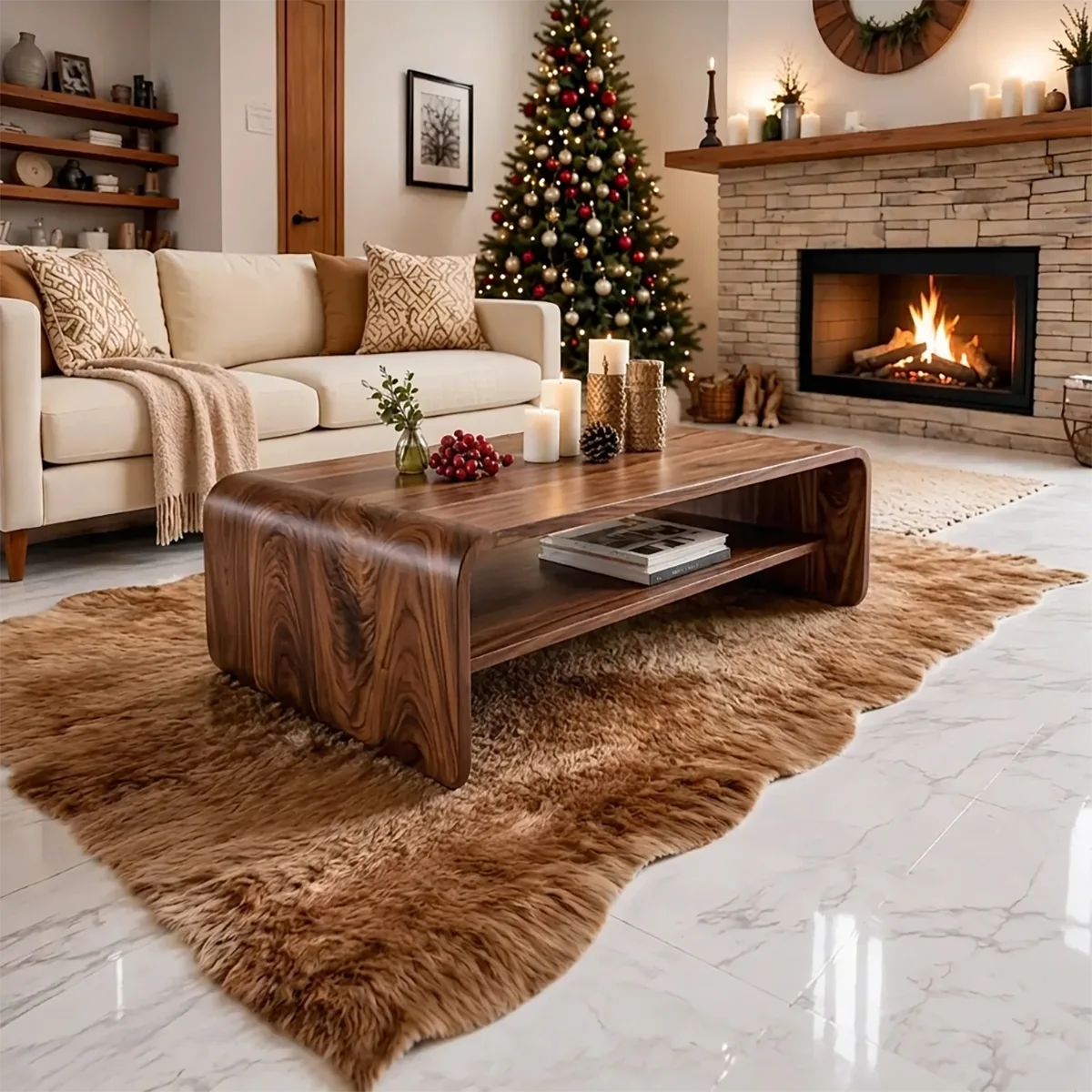 Modern Solid Wood Waterfall Coffee Table with Storage Shelf