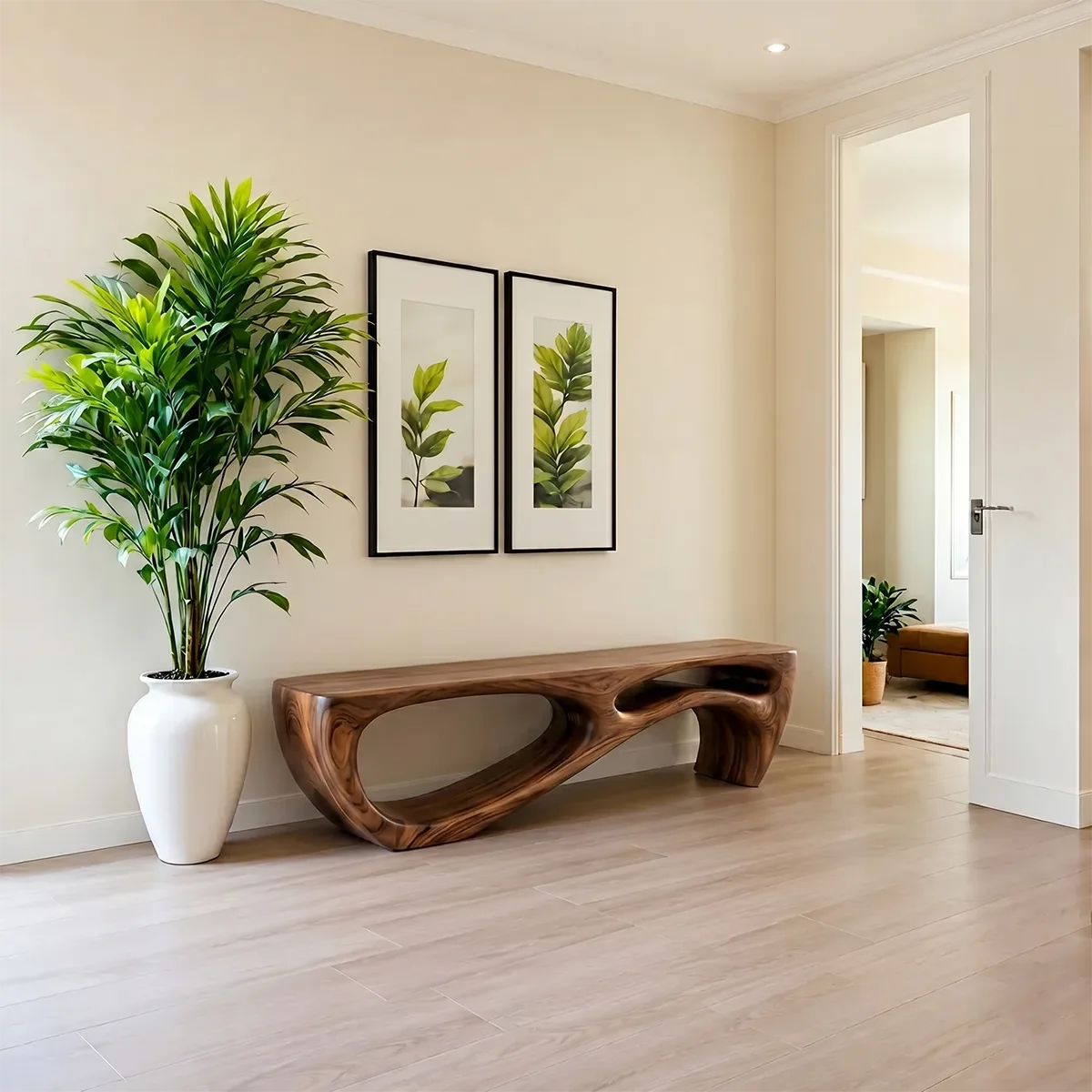 Organic Sculptural Solid Wood Bench for Modern Entryway and Contemporary Living Spaces