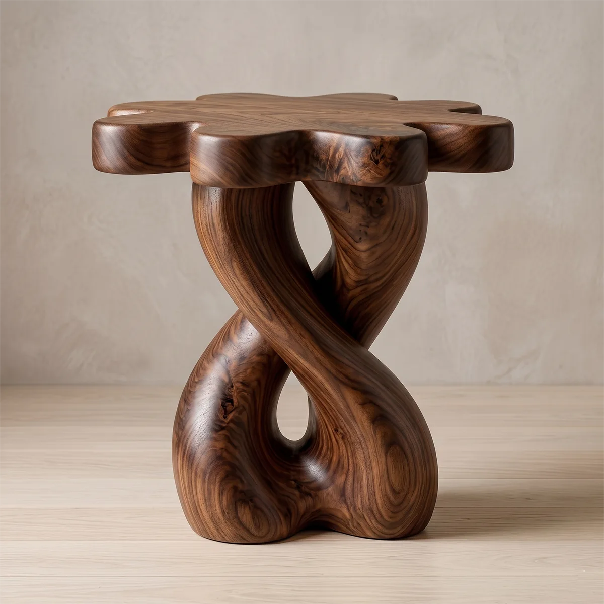 Wooden Nightstand With Twisted Base And Flower-Shaped Tabletop