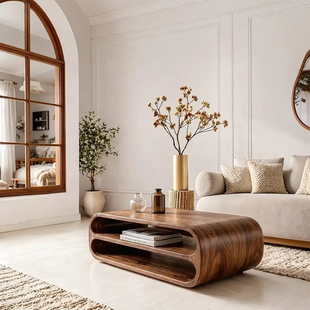 Modern Solid Wood Rounded Coffee Table with Double Open Storage