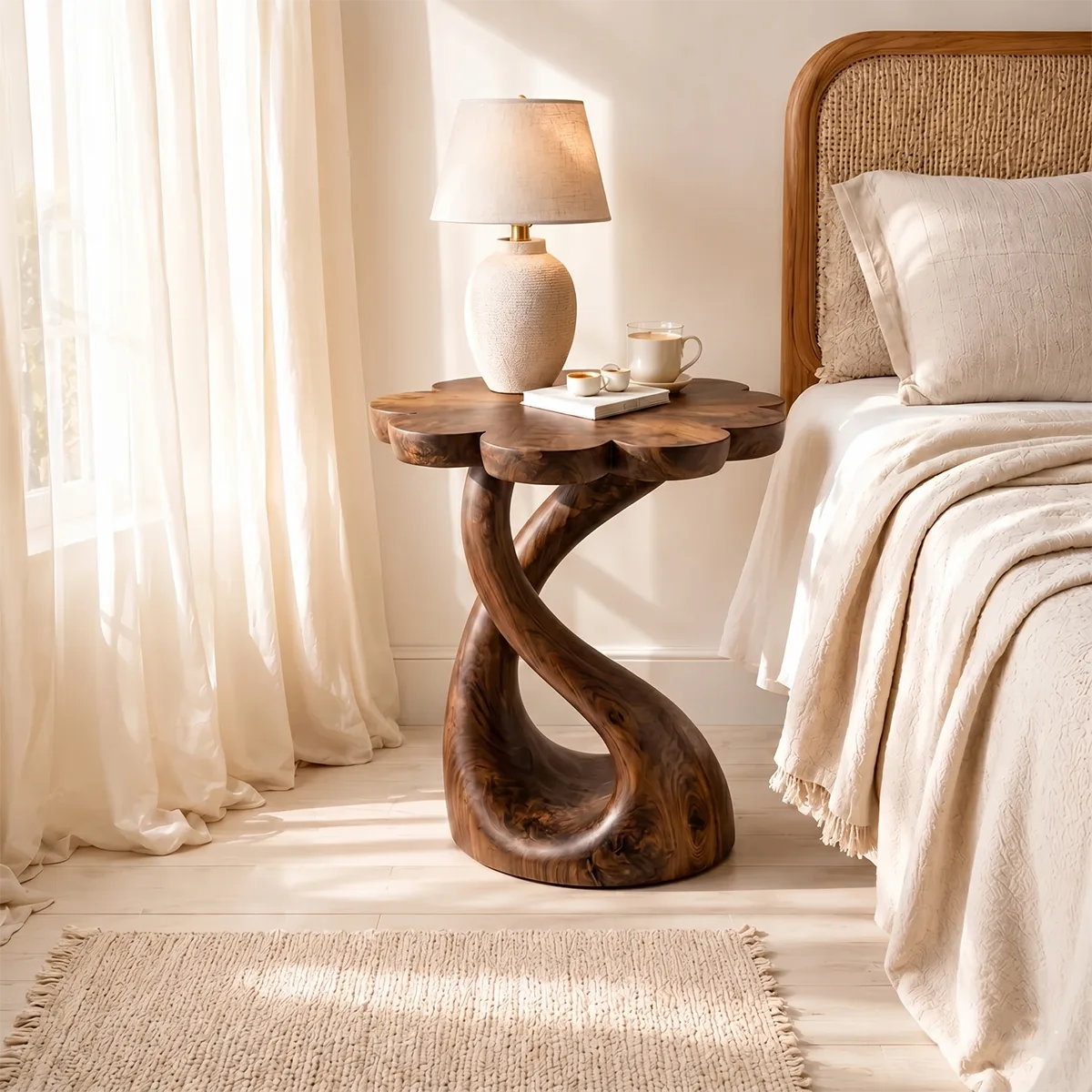 Flower-Shaped Wooden Nightstand With Sculptural Twisted Base