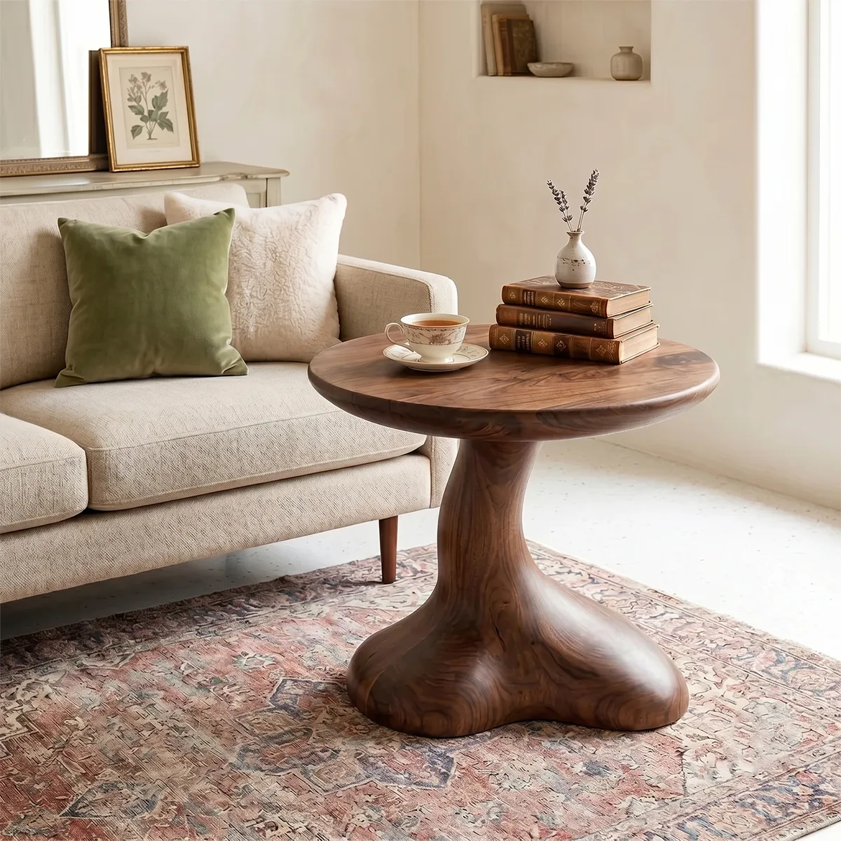 Sculptural Solid Wood Side Table, Round Pedestal End Table TH003-1065