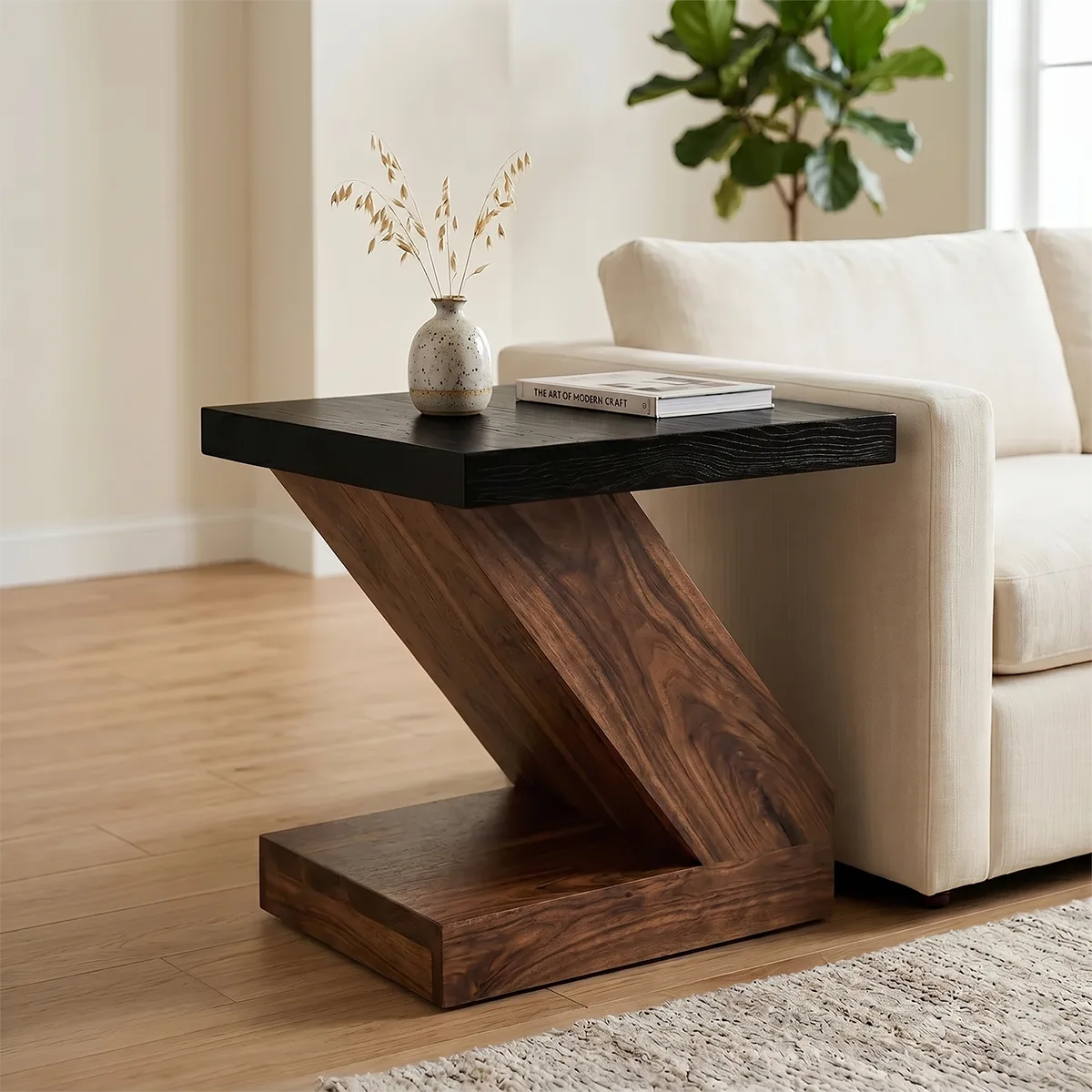 Modern Solid Wood End Table | Geometric Z-Shaped Side Table with Black Top TH003-2206