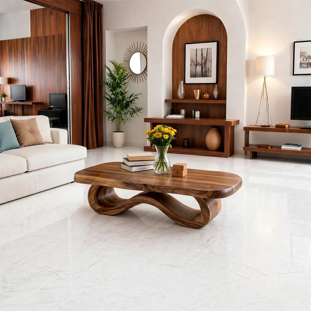 Modern Solid Wood Sculptural Coffee Table with Ribbon Base