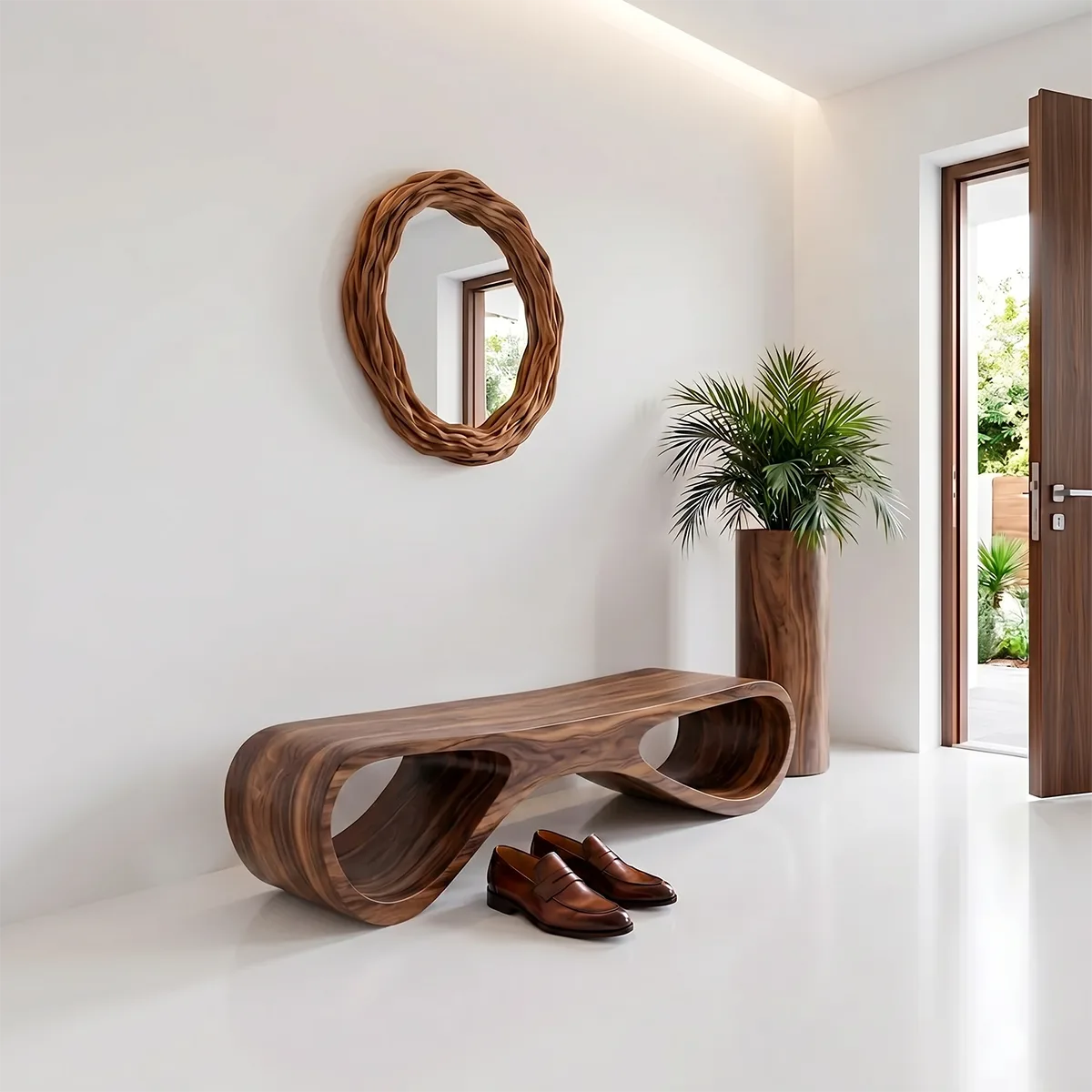Organic Sculptural Solid Wood Entryway Bench for Modern Minimalist Hallway Interiors