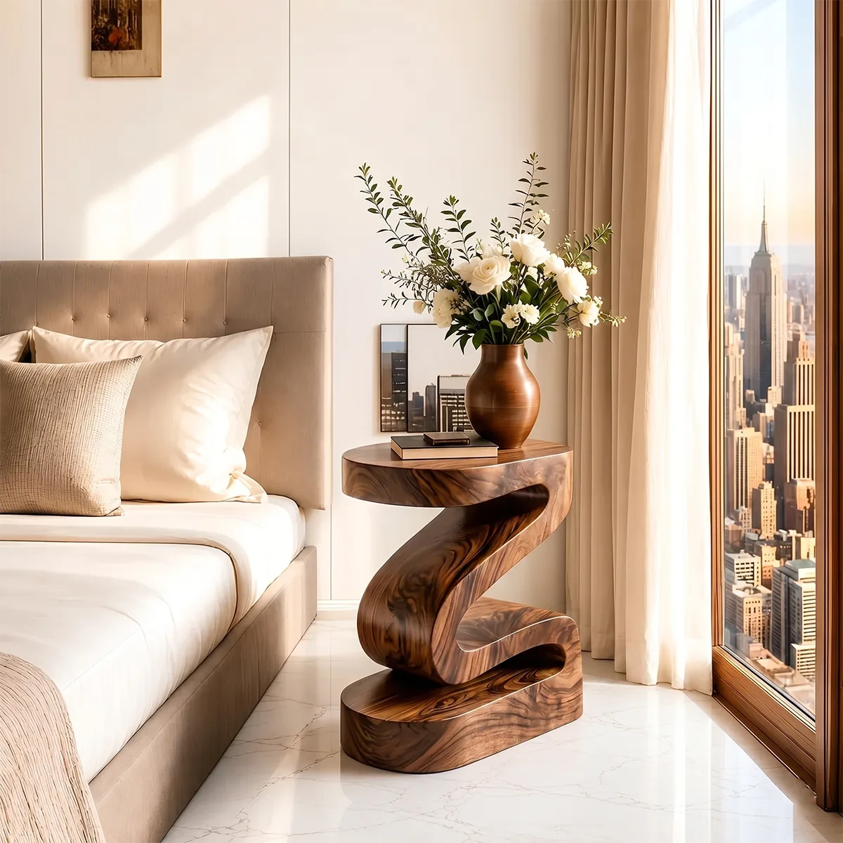 Modern Sculptural Wooden Nightstand with Open Shelf