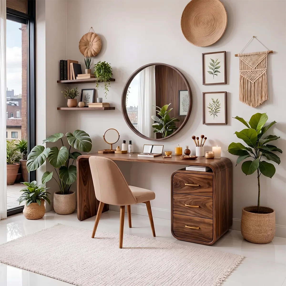 Curved Solid Wood Vanity Desk with Drawer Storage