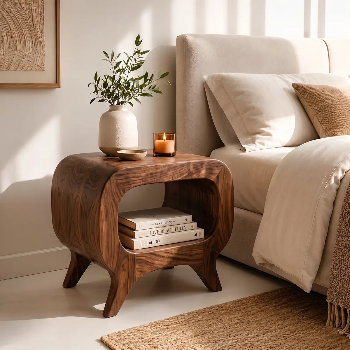 Solid Wood Nightstand with Open Shelf Storage
