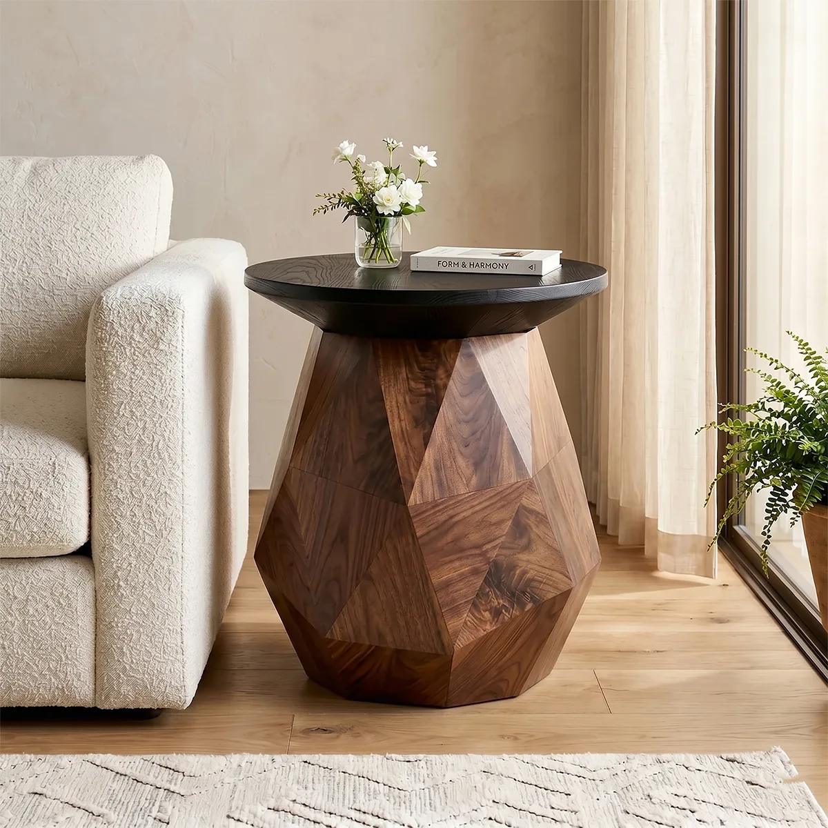 Modern Round Solid Wood End Table | Geometric Pedestal Side Table with Black Top TH003-4421