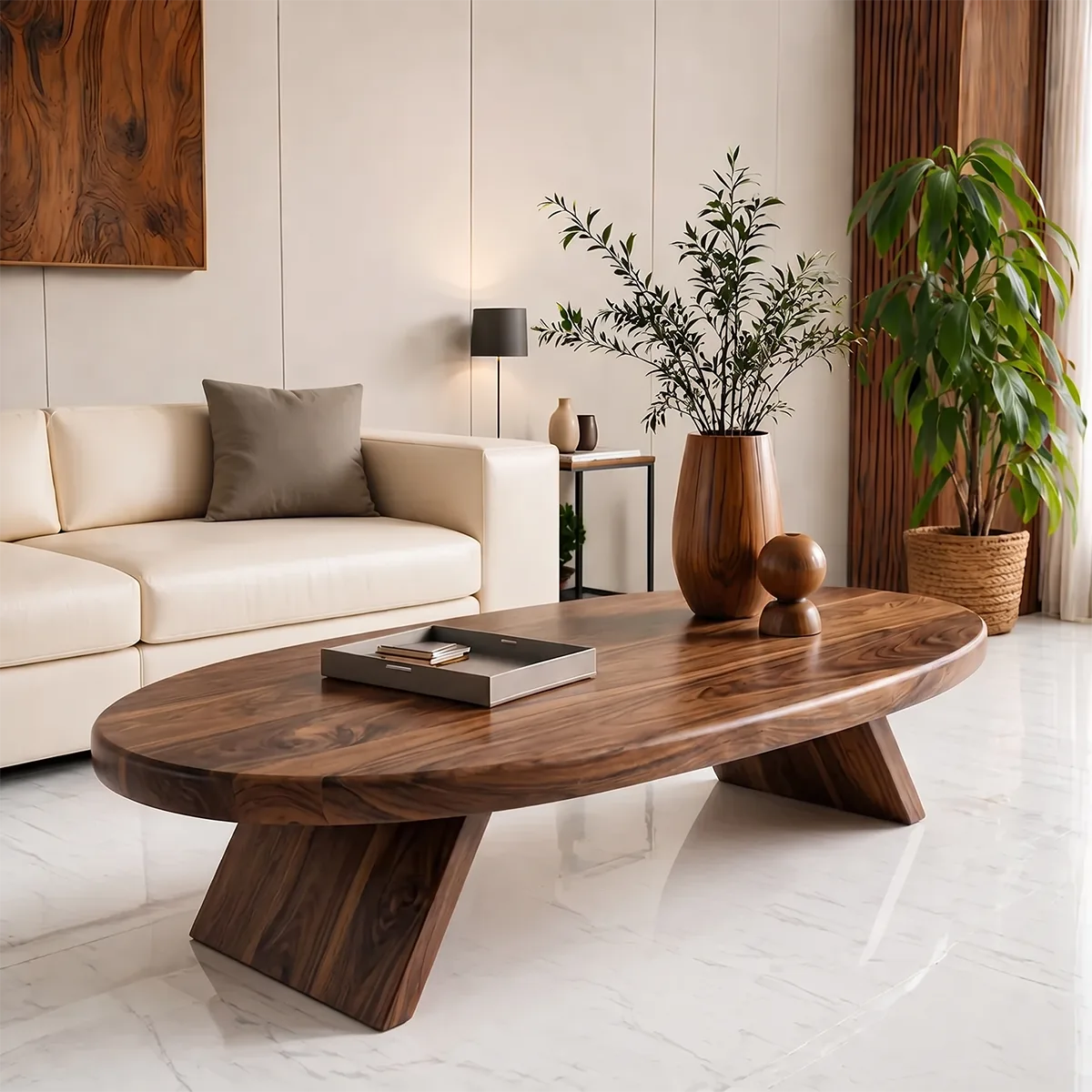 Modern Solid Wood Oval Coffee Table with Slanted Pedestal Legs