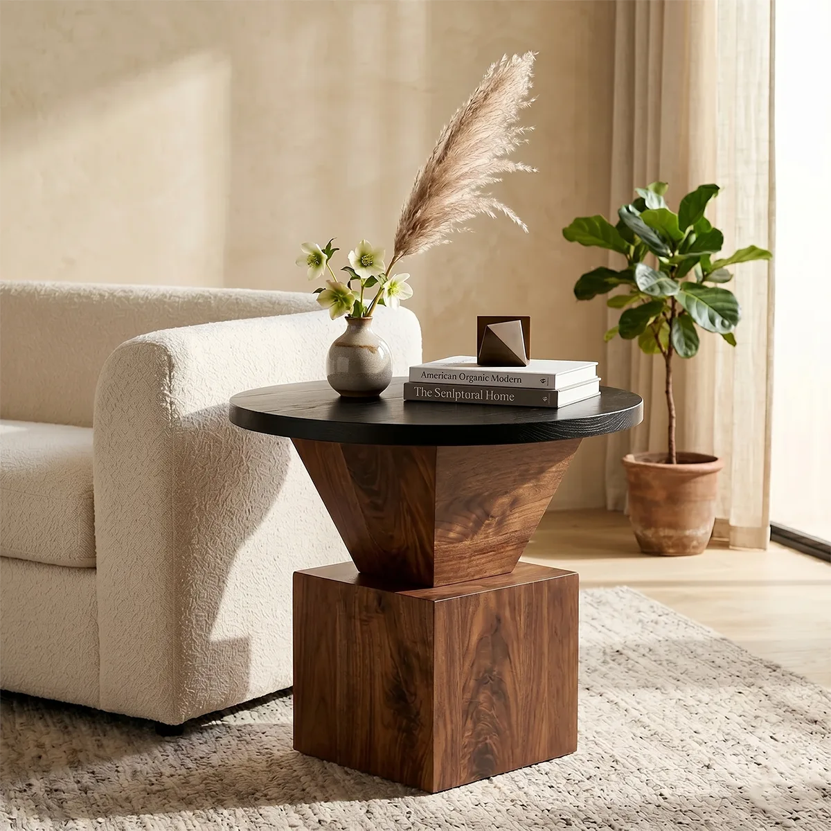 Modern Round Solid Wood End Table | Sculptural Pedestal Side Table with Black Top TH003-8718