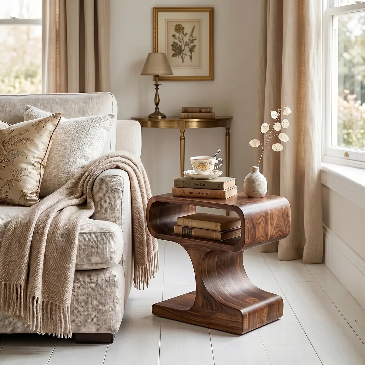 Solid Wood Sculptural Side Table with Storage | Modern End Table TH003-1002