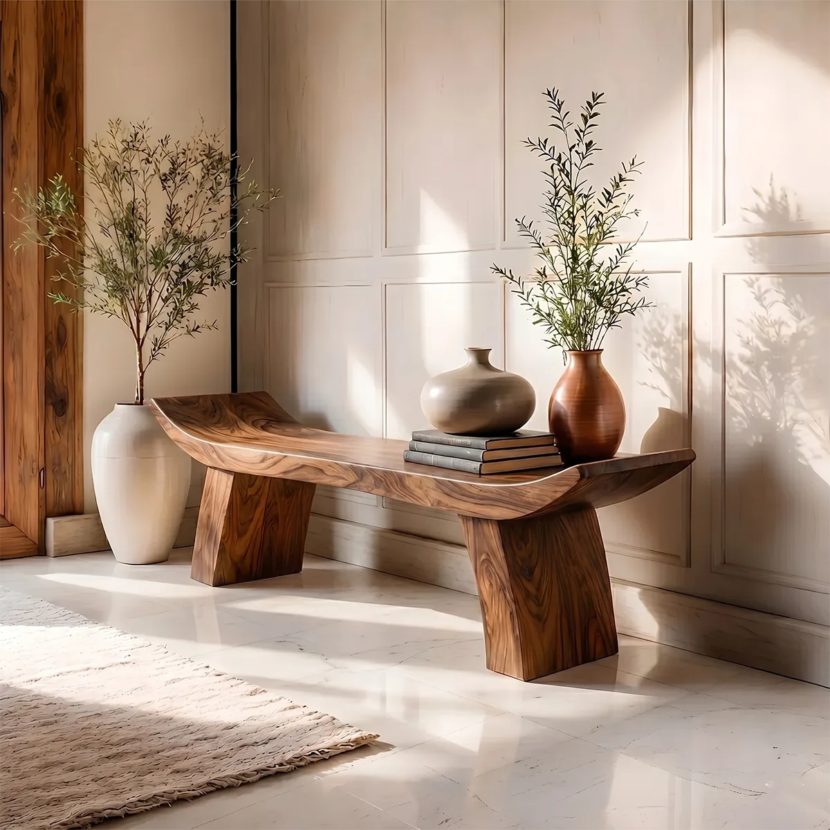 Handcrafted Curved Solid Wood Bench for Modern Entryway and Sculptural Interior Decor
