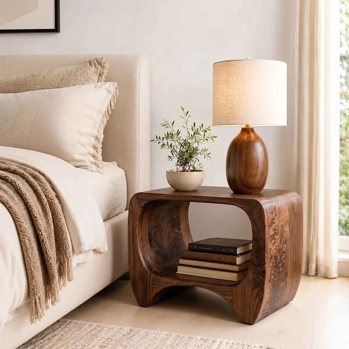 Organic Solid Wood Nightstand with Open Storage Shelf