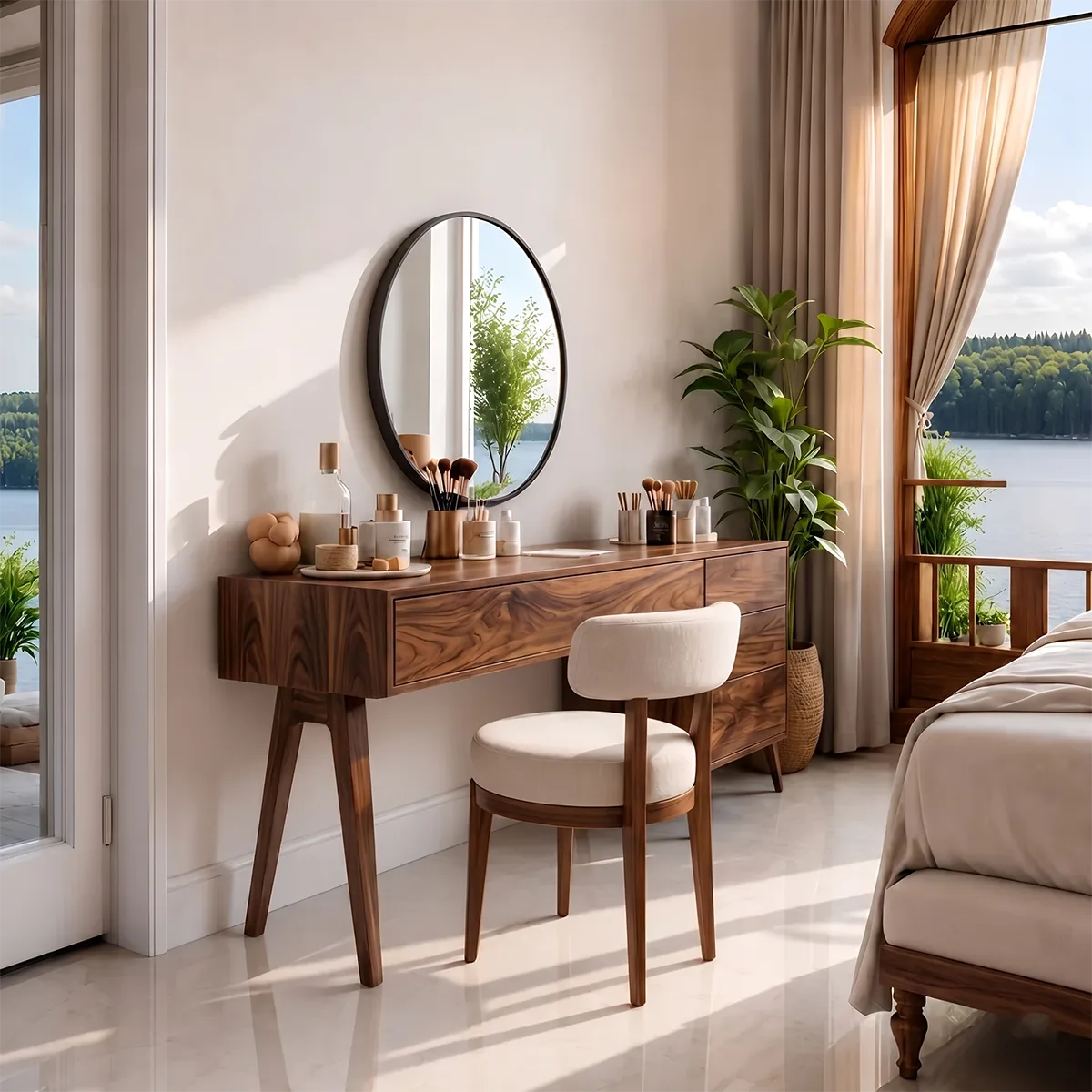 Modern Solid Wood Vanity Table with Side Drawers