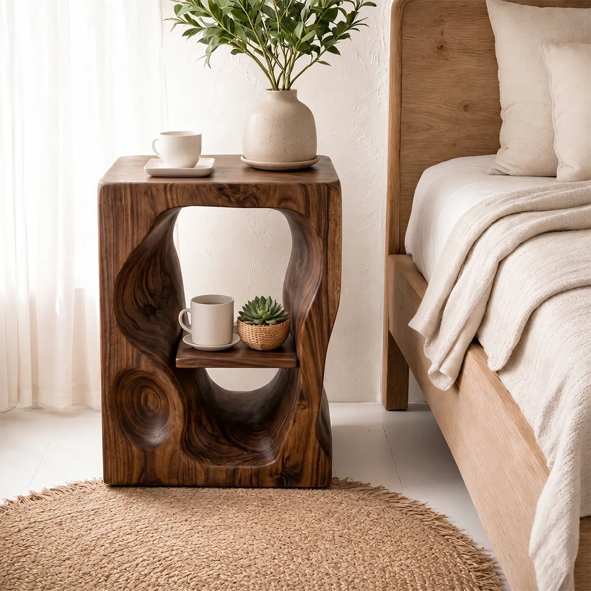 Organic Sculptural Wooden Nightstand with Open Shelf