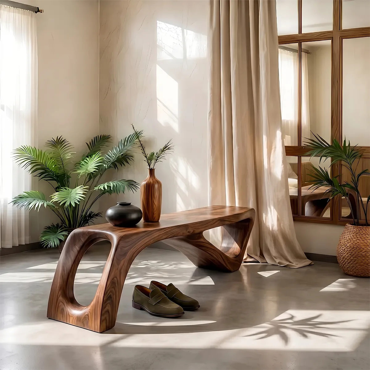 Sculptural Solid Wood Entryway Bench for Organic Modern and Contemporary Interiors