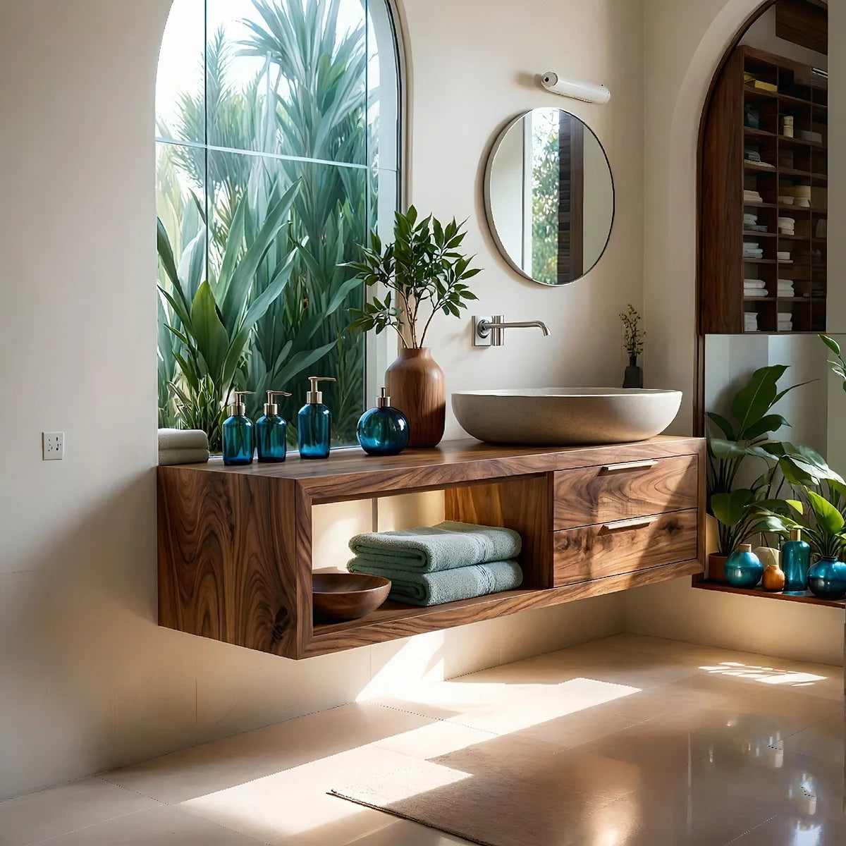 Natural Wood Floating Vanity Idea For Bathroom Upgrade