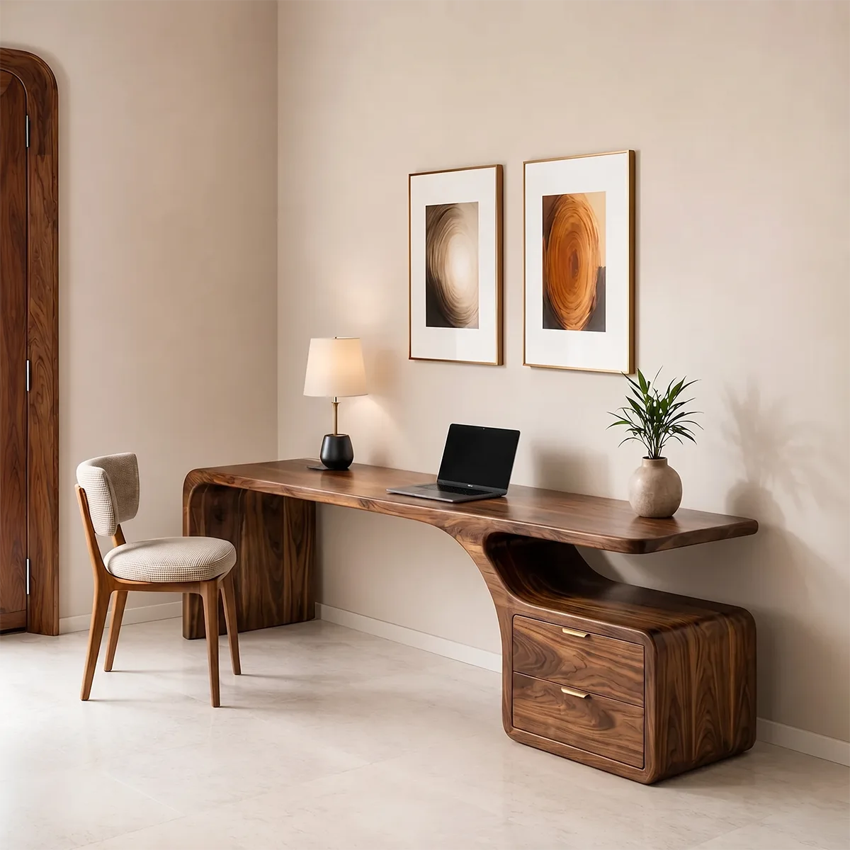 Solid Wood Executive Desk – Modern Organic Curved Writing Desk with Drawers TH003-3280
