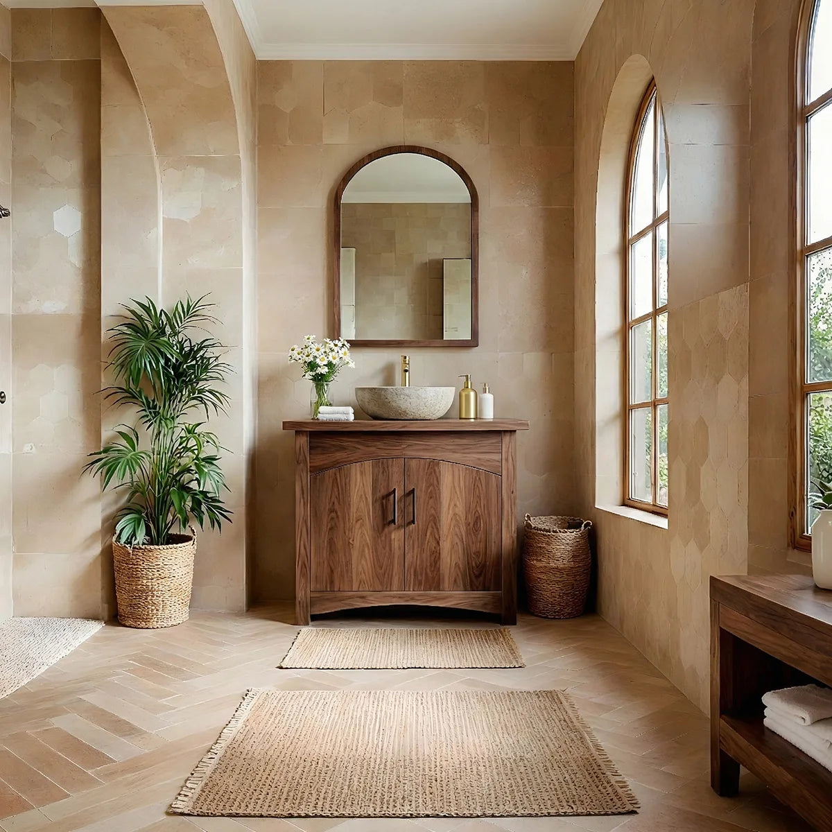 Modern Solid Wood Bathroom Vanity Cabinet with Curved Double Doors