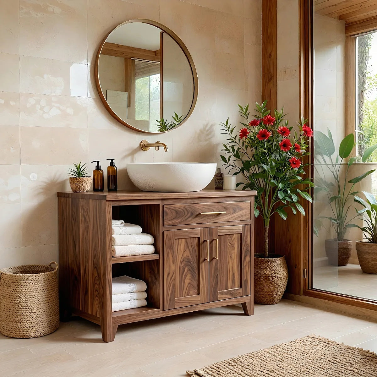 Traditional Bathroom Vanity Cabinet with Storage in Natural Solid Wood
