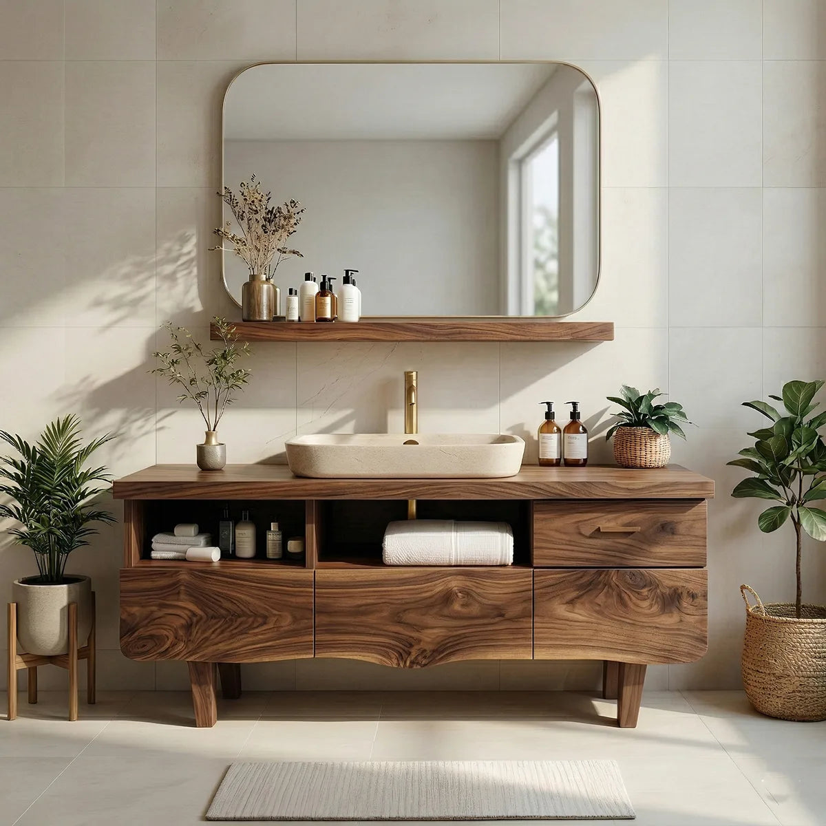 Contemporary Solid Wood Bathroom Vanity with Wave Front and Open Shelf