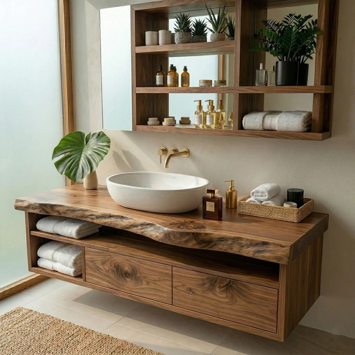 Floating Solid Wood Bathroom Vanity with Live Edge Top and Drawers