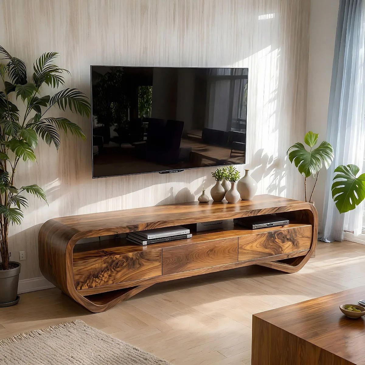 Solid Wood TV Stand with Curved Open Shelves and 3 Drawers