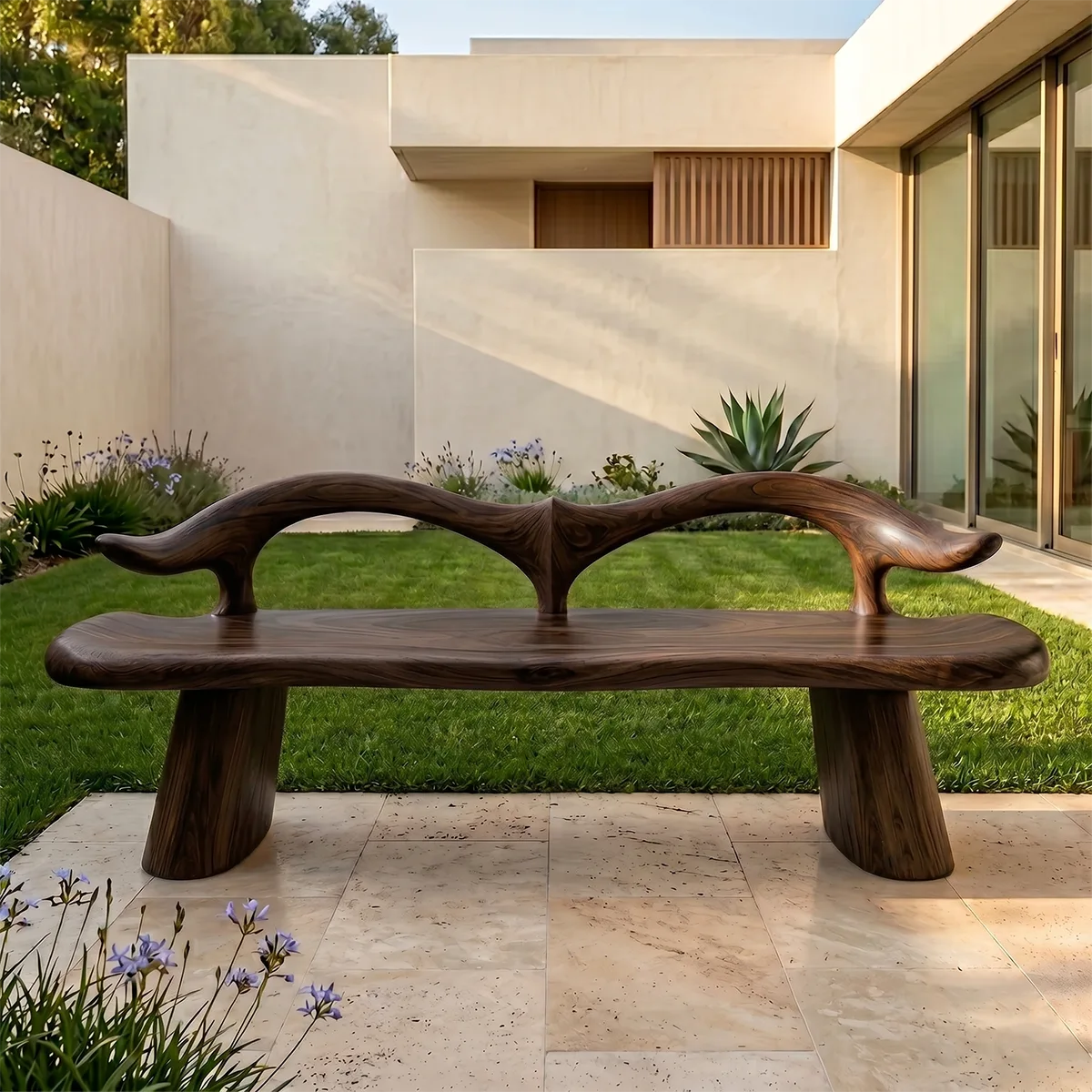 Organic Wave Back Garden Bench, Sculptural Wooden Outdoor Seating TH003-2770