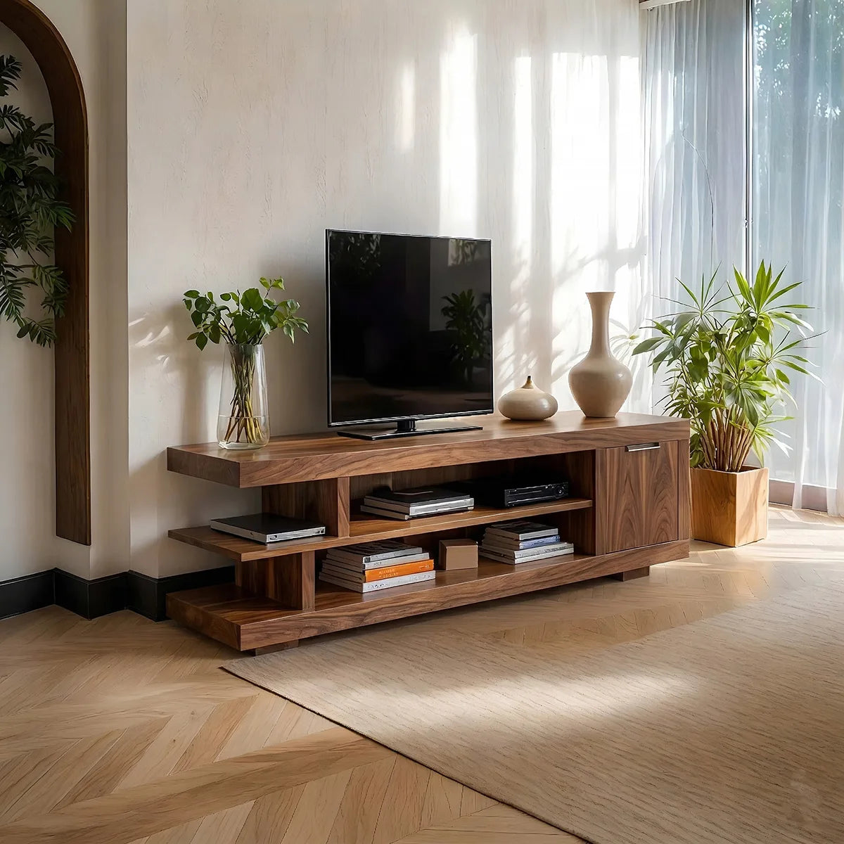 Solid Wood TV Cabinet with Open Shelves and Side Door Storage