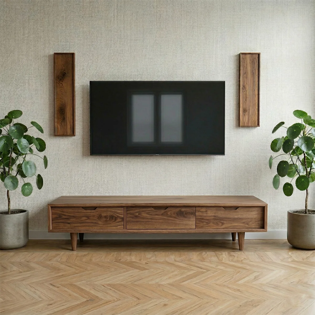 Solid Wood TV Stand with 3 Drawers and Low Mid-Century Profile