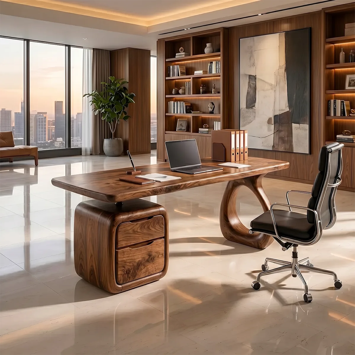 Solid Wood Executive Desk | Sculptural Rustic Office Desk with Drawers TH003-9935