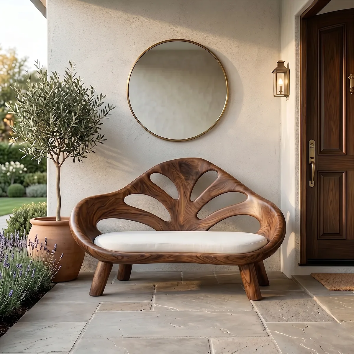 Organic Sculptural Wooden Bench with Artistic Openwork Backrest TH003-5206
