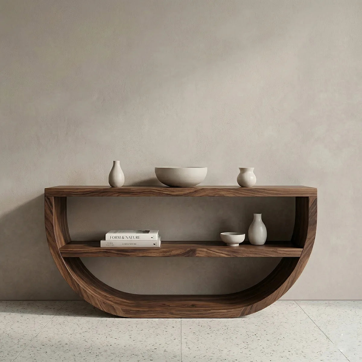Modern Solid Wood Console Table with Curved Base and Open Shelf