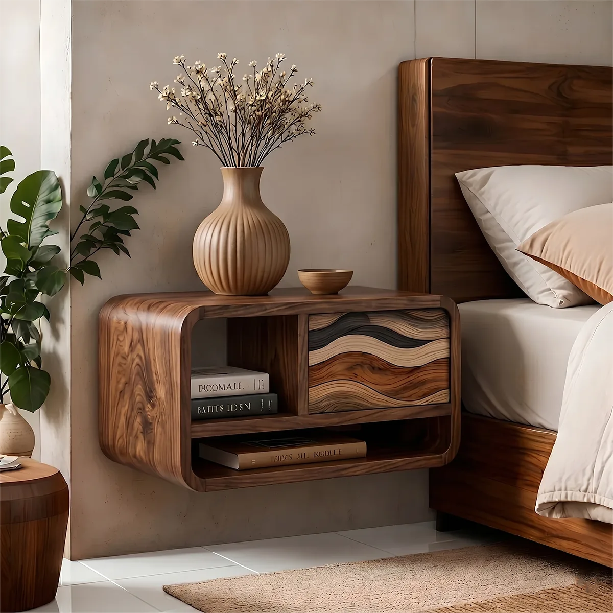 Floating Nightstand | Modern Curved Wall Mounted Bedside Table TH003-1336