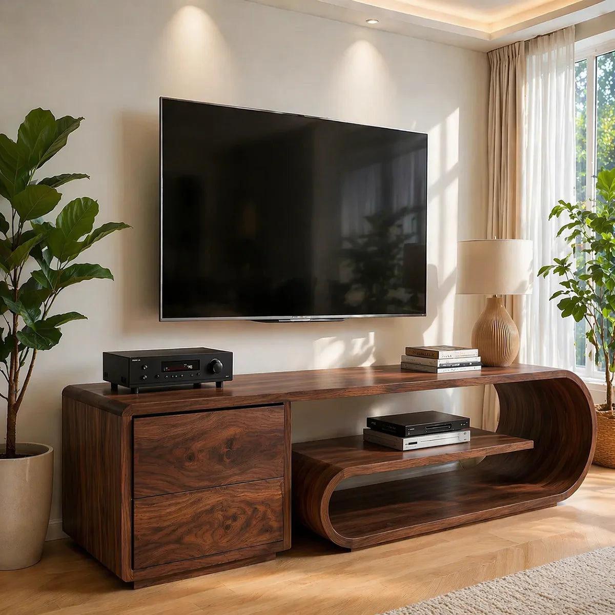 Solid Wood TV Stand with Rounded Open Shelf and 2 Drawers