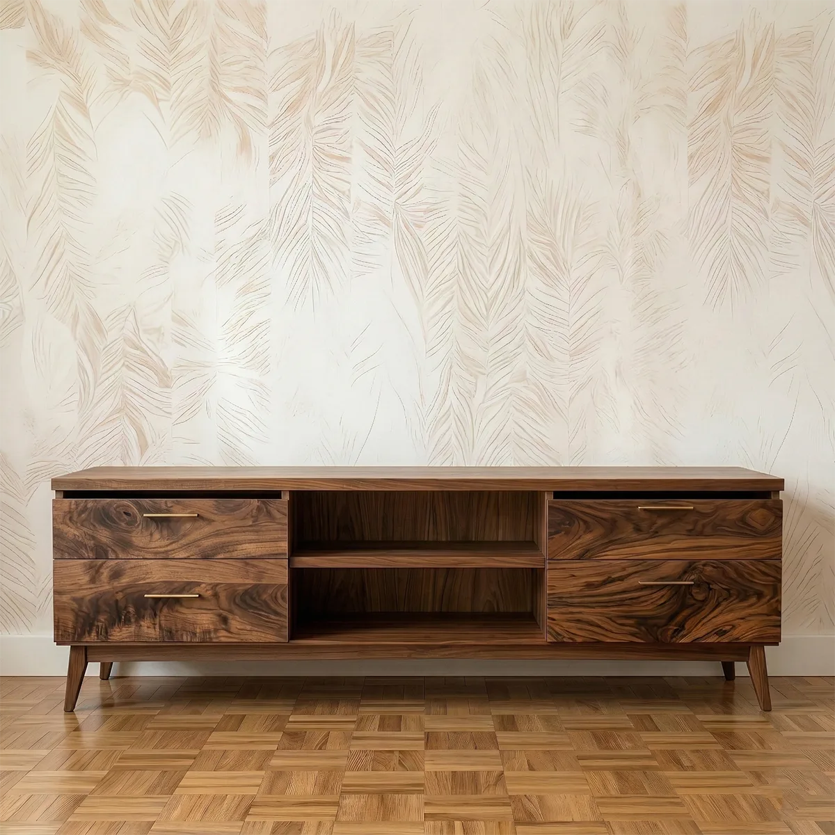 Solid Wood TV Stand with 4 Drawers and Open Center Shelves