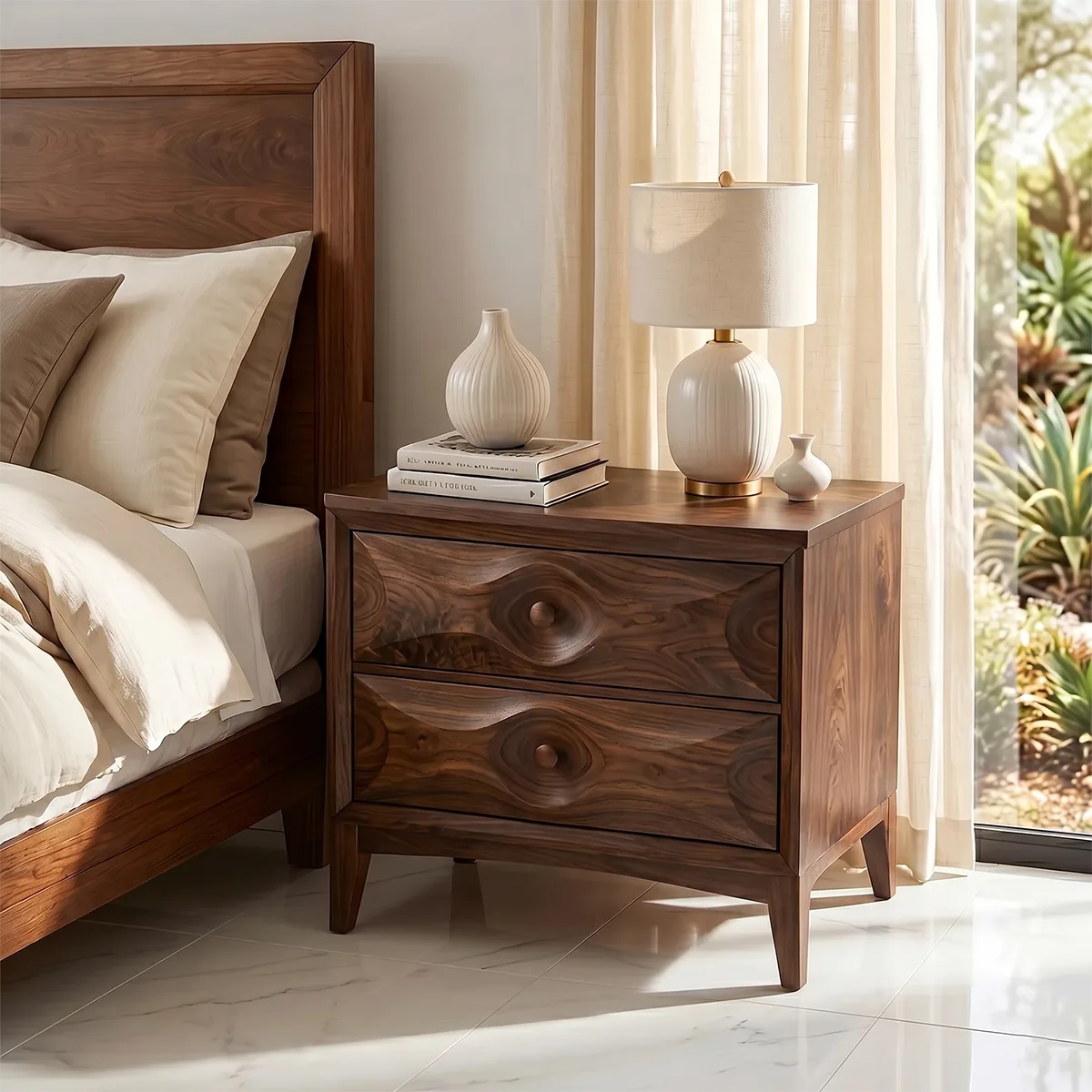 Modern Nightstand with Drawers | Sculptural Contemporary Bedside Table TH003-9402