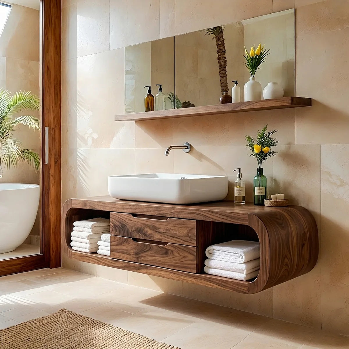 Handcrafted Curved Solid Wood Floating Vanity Cabinet with Drawers and Open Shelves