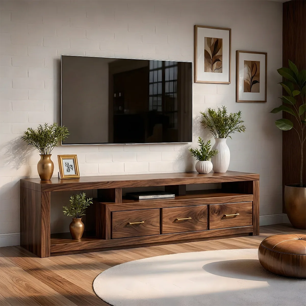 Solid Wood TV Stand with Open Shelves and 3 Drawers