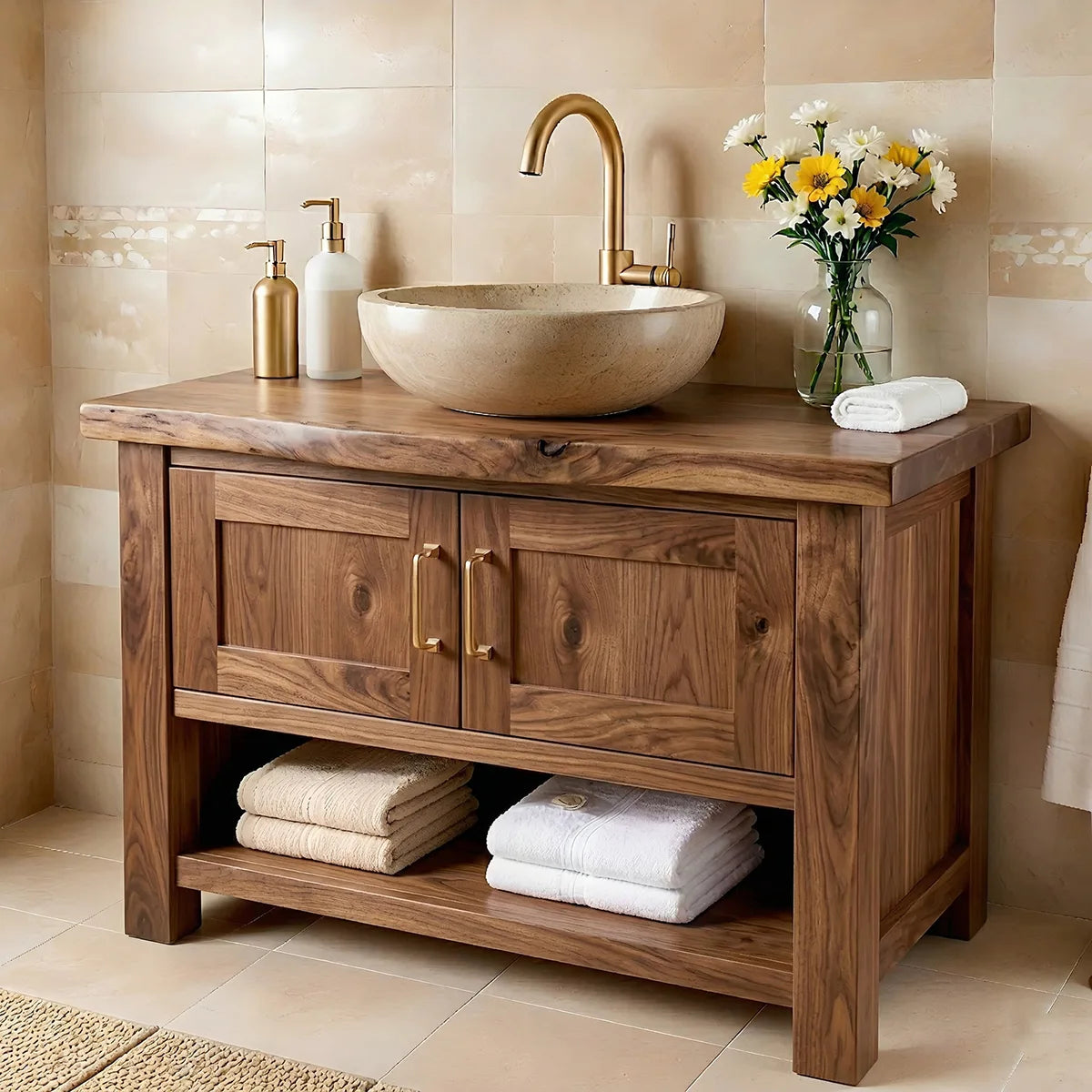 Handcrafted Natural Solid Wood Vanity Cabinet with Double Doors and Open Shelf
