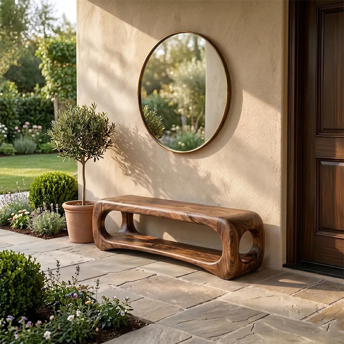 Organic Sculptural Entryway Bench with Integrated Open Shelf TH003-1182
