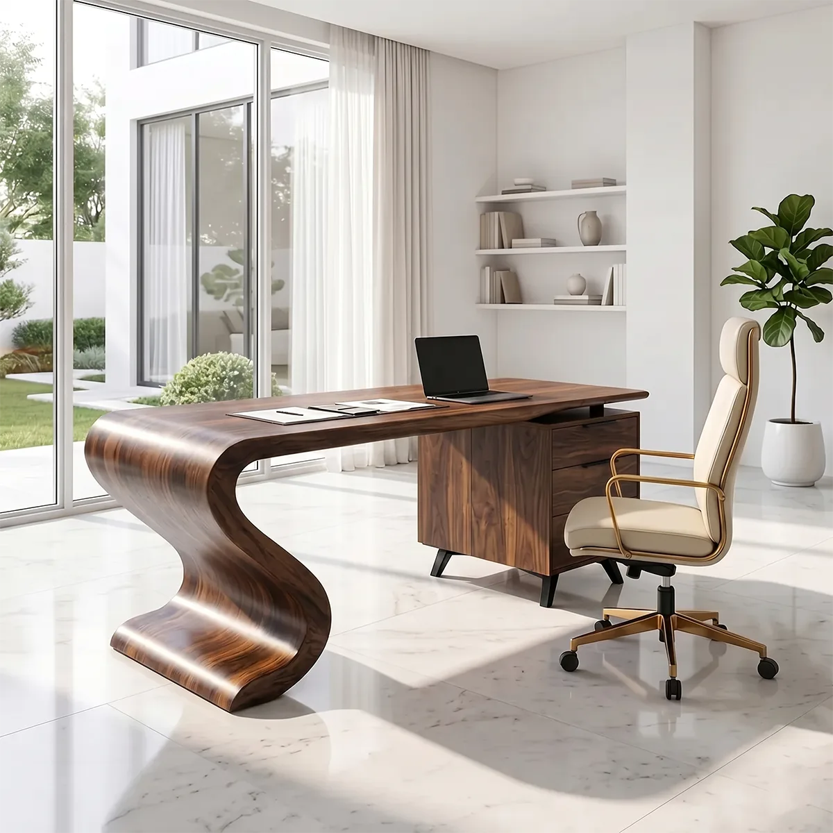 Modern Waterfall Executive Desk | Luxury Office Desk with Storage TH003-4470